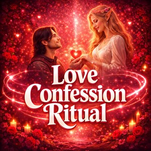 Puede incluir: Ilustración digital con temática romántica. Un hombre y una mujer sostienen un corazón brillante, rodeados de rosas rojas y velas. El texto "Love Confession Ritual" se muestra de forma destacada.