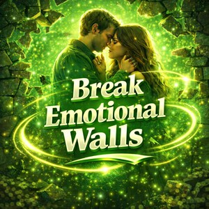 May include: Image of a couple embracing, with the text "Break Emotional Walls" in a glowing, green design. The background features a green, sparkling effect and a broken stone wall.