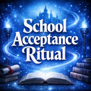 May include: A fantasy-themed image with the words "School Acceptance Ritual" in white, set against a blue starry background. A castle, torches, books, and a scroll are also visible, creating a magical atmosphere.