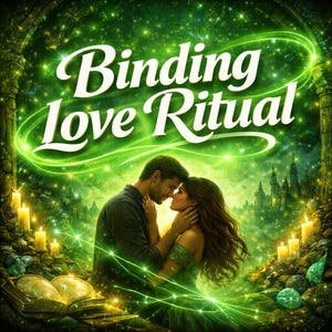 Può includere: Immagine digitale con il testo "Binding Love Ritual" in bianco con contorno verde brillante. Una coppia si abbraccia, circondata da candele e un paesaggio fantasy. Lo sfondo è verde vibrante con effetti scintillanti.