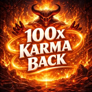 Könnte beinhalten: Digitales Kunstwerk, das eine feurige Höllenlandschaft mit einer dämonischen Figur und dem Text "100x KARMA BACK" zeigt. Die Szene wird von Orange- und Rottönen dominiert, mit leuchtenden Ringen und einem feurigen Hintergrund.