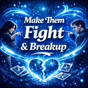 May include: A digital graphic with a blue and white color scheme. The text "Make Them Fight & Breakup" is centered, with two people pointing at each other. A broken heart and photos are at the bottom.