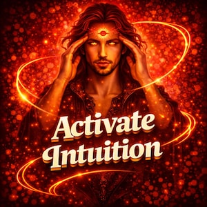 May include: Digital artwork featuring a man with long red hair, glowing yellow eyes, and a third eye. The background is red and sparkling, with the words "Activate Intuition" in gold, 3D lettering.