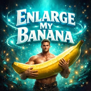 Może przedstawiać: Umięśniony mężczyzna trzymający duży żółty banan. Tekst "ENLARGE MY BANANA" jest wyświetlany w 3D, w kolorze niebiesko-białym nad mężczyzną. Tło jest ciemnoniebieskie z błyszczącymi światłami.
