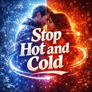 Könnte beinhalten: Digitales Kunstwerk, das ein sich umarmendes Paar zeigt, geteilt durch ein blaues und orangefarbenes Farbschema. Der Text "Stop Hot and Cold" ist in Weiß mit Leuchteffekt dargestellt. Der Hintergrund ist mit funkelnden Partikeln gefüllt.