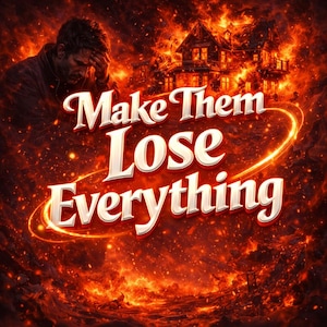 Könnte beinhalten: Digitales Kunstwerk mit einem betrübten Mann, einem brennenden Haus und dem Text "Make Them Lose Everything". Der Hintergrund ist ein feuriges Inferno mit orangefarbenen und roten Farbtönen, das eine dramatische und intensive Szene erzeugt.