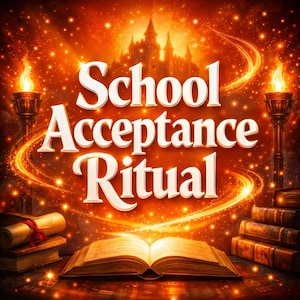 Op de afbeelding: Een verlichte afbeelding met de tekst "School Acceptance Ritual" in het wit, tegen een vurige oranje achtergrond. De scène bevat een kasteel, fakkels, een open boek en rollen, wat een mystiek thema creëert.