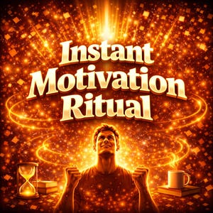 以下が含まれることがあります： 「Instant Motivation Ritual」の文字が金色で書かれたデジタル画像。腕を上げた男性が中央にいて、金色の光と輝きに囲まれています。砂時計とコーヒーカップも表示されています。