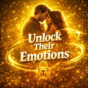 May include: A romantic image with a couple embracing, set against a golden, sparkling background. The text "Unlock Their Emotions" is prominently displayed, with a golden lock graphic below. The overall theme suggests love and connection.