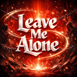 May include: A digital art image with the words "Leave Me Alone" in a 3D white font, set against a fiery red background. The scene includes chains, glowing light effects, and silhouetted figures.