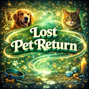 May include: A digital illustration with the text "Lost Pet Return" in a green and white font. A golden retriever and a tabby cat are featured above the text. A blue collar and leash with a bone-shaped tag are in the foreground.