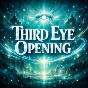 May include: Digital art featuring a glowing eye radiating light, set against a cosmic background of swirling blues and greens. The words "THIRD EYE OPENING" are prominently displayed in a stylized font, evoking themes of spirituality and enlightenment.