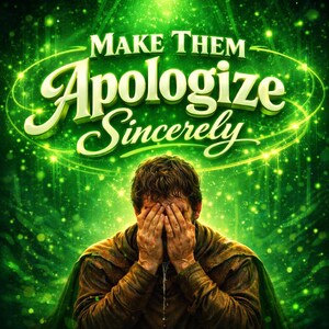 Può includere: Illustrazione digitale con sfondo verde e il testo "MAKE THEM Apologize Sincerely" in un font stilizzato. Una persona è mostrata con le mani che coprono il viso, che indossa un mantello marrone.