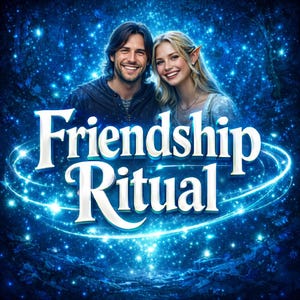 May include: A movie poster with a blue and white starry background. The image features a smiling man and woman. The text "Friendship Ritual" is in white, with a glowing blue outline. The overall theme is fantasy and romance.