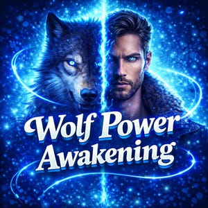 May include: Digital art featuring a man and a wolf merged together, with a blue and white color scheme. The text "Wolf Power Awakening" is displayed in white with a blue outline. The background is filled with glowing blue particles and lines.