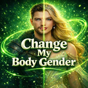 Puede incluir: Ilustración digital dividida en dos, mostrando un hombre y una mujer, con el texto "Change My Body Gender". El fondo es verde vibrante con efectos brillantes, sugiriendo un tema de fantasía o ciencia ficción.