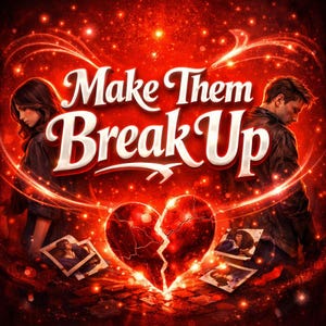 May include: A digital illustration in red and black. The text "Make Them Break Up" is in white with a red outline. A broken heart is in the centre, with photos on either side. A man and woman are on either side of the heart.