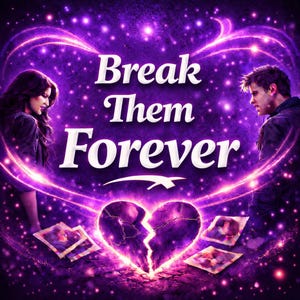 Op de afbeelding: Digitaal kunstwerk met een paarse en zwarte achtergrond. De tekst "Break Them Forever" is in het wit. Een gebroken hart staat in het midden, met twee mensen aan weerszijden. Foto's staan onderaan.