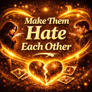 Könnte beinhalten: Digitales Kunstwerk mit einem zerbrochenen Herzen, umgeben von goldenem Licht und zwei Personen, die aufeinander zeigen. Der Text "Make Them Hate Each Other" ist deutlich sichtbar.