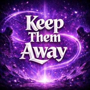 May include: A digital art image with a purple and white color scheme. The text "Keep Them Away" is prominently displayed in white, stylized lettering. The background features a cosmic design with glowing orbs and figures.