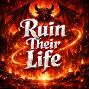 Könnte beinhalten: Digitales Kunstwerk mit einem gehörnten, geflügelten Dämon in einer feurigen Höllenlandschaft. Der Text "Ruin Their Life" ist in einer fetten, stilisierten Schriftart dargestellt, umgeben von einem leuchtenden Ring.