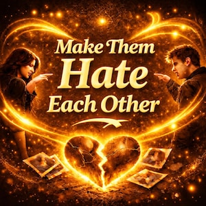 May include: Digital art with the text "Make Them Hate Each Other" in gold. A broken heart is at the center, with two people on either side pointing towards it. Photos are scattered around the heart, and the background is a dark, glowing orange.