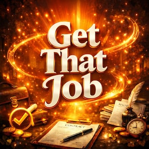 May include: An image featuring the text "Get That Job" in gold and white. The scene includes a briefcase, a magnifying glass with a tick, a contract, a pen, a stack of resumes, a quill, a clock, and coins, set against a glowing orange backdrop.