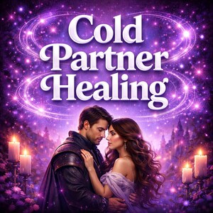 May include: A digital illustration with the text "Cold Partner Healing" in white. The image features a couple embracing, set against a purple, starry background with lit candles and a castle silhouette.