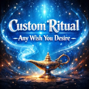 Puede incluir: Ilustración digital de una lámpara dorada de genio con humo azul, sobre un fondo azul y estrellado. El texto "Custom Ritual - Any Wish You Desire" aparece en blanco, evocando un tema mágico.