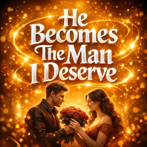 May include: A romantic image featuring the text "He Becomes The Man I Deserve" in white, set against a golden, sparkling backdrop. A man presents a bouquet of red roses to a woman. The image evokes feelings of love and romance.