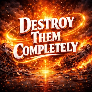 May include: A fiery image with the words "DESTROY THEM COMPLETELY" in bold, white letters with an orange outline. The background is a mix of orange and dark colors, with explosions and two wrecked cars.