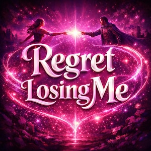 May include: Digital artwork depicting a couple reaching towards each other, with a bright light between them. The words "Regret Losing Me" are in a stylized font, outlined in white, set against a cosmic, pink and purple background.