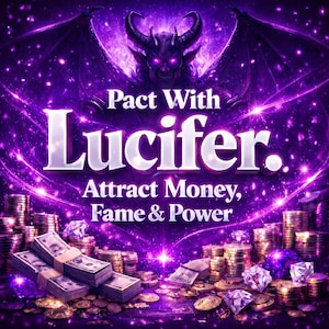 May include: A digital art image with a purple theme. The image features the text "Pact With Lucifer" and "Attract Money, Fame & Power." There are stacks of money, coins, and diamonds in the foreground, with a demonic figure in the background.