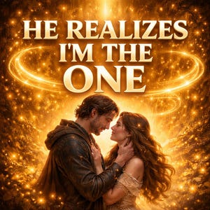 May include: A romantic image with the text "HE REALIZES I'M THE ONE" in gold lettering. A man and woman are embracing, with a golden light and sparkling background. The man wears a dark jacket, and the woman wears a light-coloured dress.