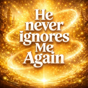 Op de afbeelding: Een goudkleurige afbeelding met de witte tekst "He never ignores Me Again", omringd door wervelend licht en sprankels. De achtergrond toont kasteelsilhouetten.