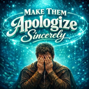 May include: A digital illustration features a person with their face in their hands, set against a teal background with sparkling lights. Above the person, the text reads "MAKE THEM Apologize Sincerely" in a stylized font.