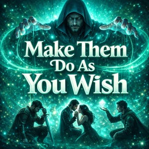 May include: Digital art featuring a hooded figure manipulating others with glowing strings. The text "Make Them Do As You Wish" is prominently displayed. The background is a swirling galaxy of green and white light, with figures below.