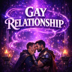 Puede incluir: Ilustración digital de dos hombres abrazándose, con las palabras "GAY RELATIONSHIP" en blanco. El fondo es una escena mística púrpura con orbes brillantes y estelas de luz, evocando un tema de fantasía.