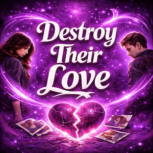 May include: A digital illustration with a purple and white color scheme. The text "Destroy Their Love" is prominently displayed. A broken heart is in the center, with two people on either side. Photos are scattered around the heart.