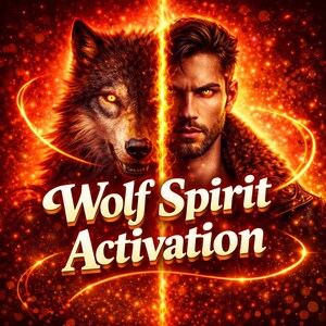 May include: Digital art featuring a wolf and a man merged together, with fiery orange and red tones. The text "Wolf Spirit Activation" is displayed in a stylized font, with a glowing effect. The image has a mystical and energetic theme.