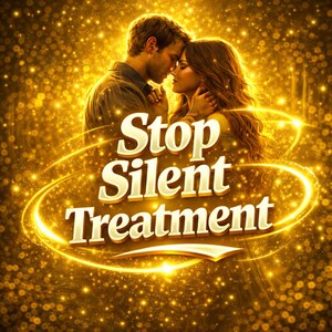 Op de afbeelding: Een digitale illustratie met een gouden achtergrond en sprankelende effecten. De afbeelding toont een omhelzend stel, met de tekst "Stop Silent Treatment" in een gestileerd lettertype. Het thema suggereert een boodschap over communicatie.