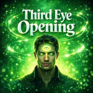May include: Digital art featuring a man with glowing green eyes and a third eye on his forehead. The words "Third Eye Opening" are displayed in white, surrounded by green energy and a sparkling background.