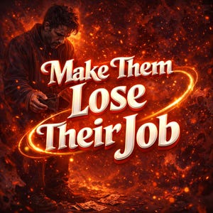 May include: Digital art with a fiery background and the text "Make Them Lose Their Job" in a bold, stylized font. A person is holding a wallet, with scattered money on the ground, creating a dramatic and intense visual.