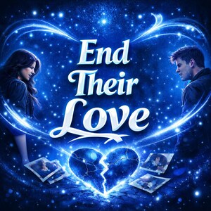 Puede incluir: Imagen de arte digital con una combinación de colores azul y blanco. Las palabras "End Their Love" están en el centro, con un corazón roto debajo. Dos personas están a cada lado del texto, y hay fotos de parejas.