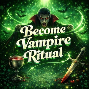Puede incluir: Ilustración digital con una combinación de colores verde y negro, que presenta a un vampiro con ojos rojos y el texto "Become Vampire Ritual". También hay un cáliz con líquido rojo y una daga.