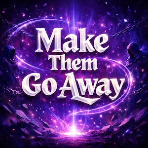 May include: A digital art image with the text "Make Them Go Away" in a 3D white font. The background is a cosmic scene with purple and pink hues, chains, and hooded figures on either side.
