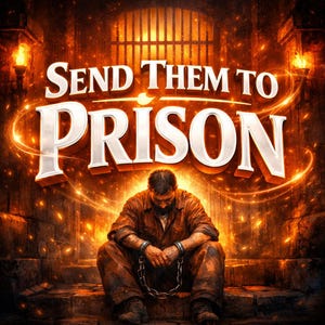 Op de afbeelding: Digitale illustratie met de tekst "Send Them To Prison". Een man in een oranje overall zit geboeid op stenen trappen. De achtergrond toont een vurige gevangenisscène met fakkels en celdeuren.
