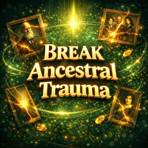 Könnte beinhalten: Digitalgrafik mit den Worten "BREAK Ancestral Trauma" in goldfarbenen Buchstaben. Das Bild zeigt gerahmte Porträts, Goldmünzen und einen funkelnden grün-goldenen Hintergrund mit strahlendem Licht.