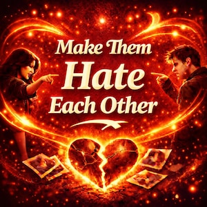 May include: Digital artwork in fiery red and orange tones. It depicts a broken heart, two figures pointing, and the text "Make Them Hate Each Other."