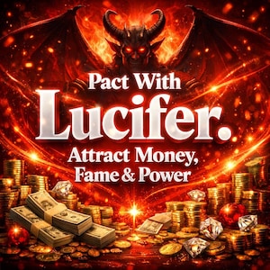 Puede incluir: Ilustración digital de una figura demoníaca con cuernos y alas, sobre un fondo de fuego. El texto dice "Pacto con Lucifer. Atraer dinero, fama y poder". Montones de monedas de oro, diamantes y dinero en efectivo en primer plano.